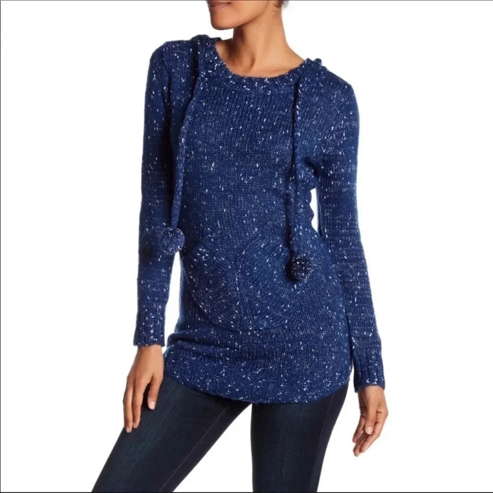 Nwt Papillon Blue Kangaroo Pocket Hooded Pom Pom Sweater Size Medium